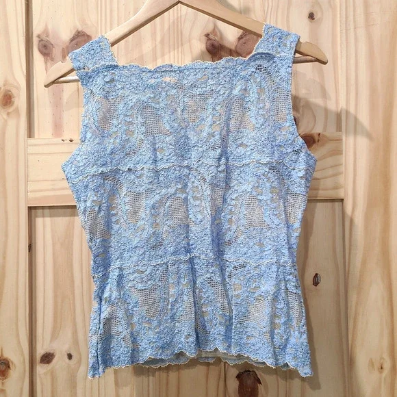 Vintage Kay Celine Blue Tan Lace Cami Sheer Tank Y2K Fairy Coquette Girl Size L - Picture 3 of 7